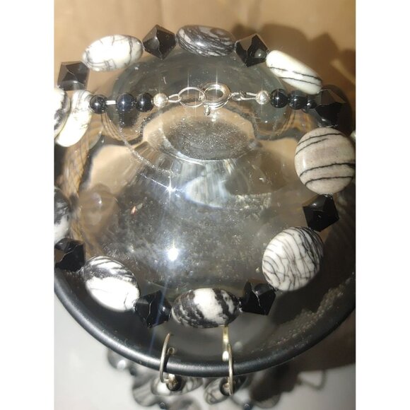 Spider Web Jasper Tourmaline Jewelry Set Black White Beaded Necklace Bracelet an - Picture 5 of 13